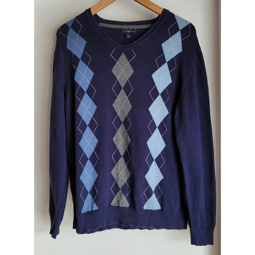 Club Room Men's Sweater Large Pullover Blue Cotton‎ Argyle